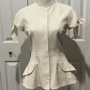 CAROLINA HERRERA IVORY SHORT TIE SLEEVE PEPLUM JACKET - SIZE 6